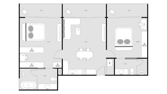 Condominium floor plan, 2 bedrooms in Essence No. 11015 (2D)